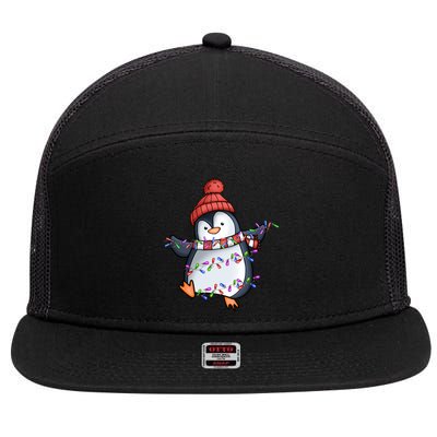 Penguin Santa Lights Christmas Pajamas Cute Penguins Xmas Funny Gift 7 Panel Mesh Trucker Snapback Hat