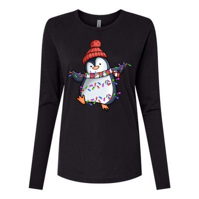 Penguin Santa Lights Christmas Pajamas Cute Penguins Xmas Funny Gift Womens Cotton Relaxed Long Sleeve T-Shirt