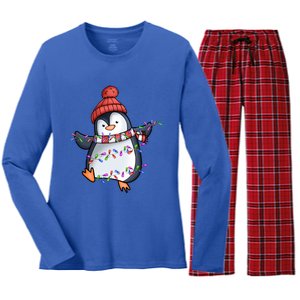 Penguin Santa Lights Christmas Pajamas Cute Penguins Xmas Funny Gift Women's Long Sleeve Flannel Pajama Set 