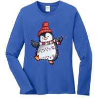 Penguin Santa Lights Christmas Pajamas Cute Penguins Xmas Funny Gift Ladies Long Sleeve Shirt