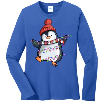 Penguin Santa Lights Christmas Pajamas Cute Penguins Xmas Funny Gift Ladies Long Sleeve Shirt