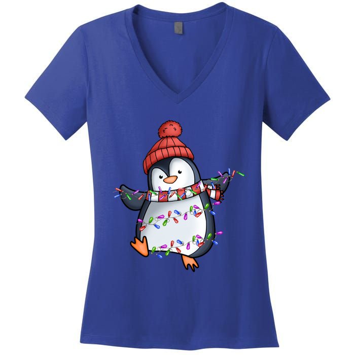 Penguin Santa Lights Christmas Pajamas Cute Penguins Xmas Funny Gift Women's V-Neck T-Shirt