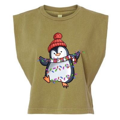 Penguin Santa Lights Christmas Pajamas Cute Penguins Xmas Funny Gift Garment-Dyed Women's Muscle Tee