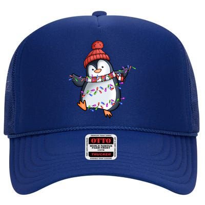 Penguin Santa Lights Christmas Pajamas Cute Penguins Xmas Funny Gift High Crown Mesh Back Trucker Hat