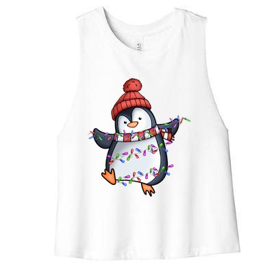 Penguin Santa Lights Christmas Pajamas Cute Penguins Xmas Funny Gift Women's Racerback Cropped Tank