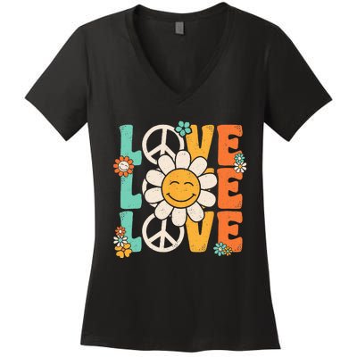 Peace Sign Love 60s 70s 80s Costume Groovy Theme Party Women's V-Neck T-Shirt