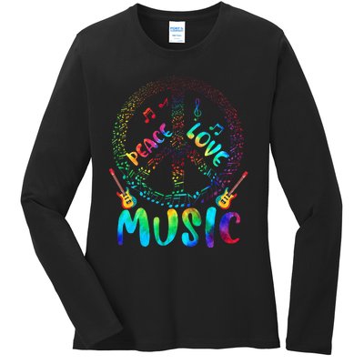 Peace Sign Love Music 60s 70s Tie Die Hippie Costume Ladies Long Sleeve Shirt