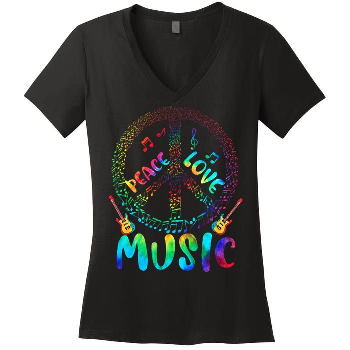 Peace Sign Love Music 60s 70s Tie Die Hippie Costume Women's V-Neck T-Shirt