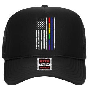 Police Support Lgbt G.A.Y Pride Thin Red Line Rainbow Flag High Crown Mesh Back Trucker Hat