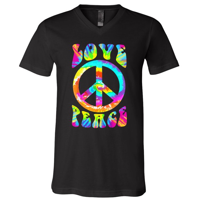 PEACE SIGN LOVE 60s 70s Tie Dye Hippie Costume V-Neck T-Shirt