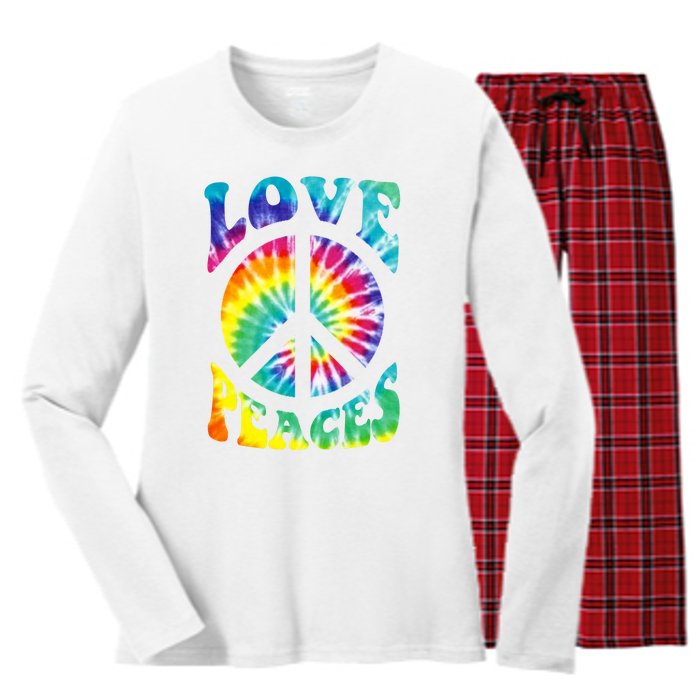 Peace Sign Love 60S 70S Tie Dye Hippie Costume Women's Long Sleeve Flannel Pajama Set 