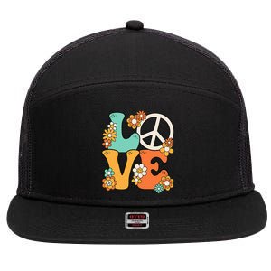 Peace Sign Love 60s 70s Groovy Hippie Theme Party 7 Panel Mesh Trucker Snapback Hat