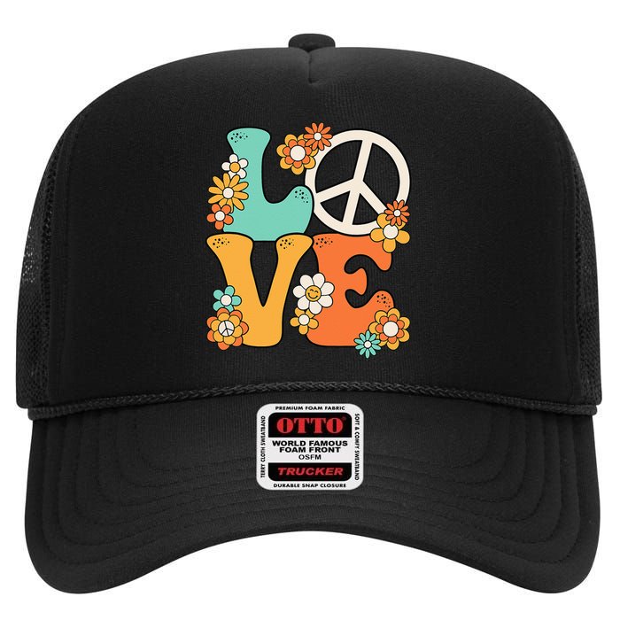 Peace Sign Love 60s 70s Groovy Hippie Theme Party High Crown Mesh Back Trucker Hat