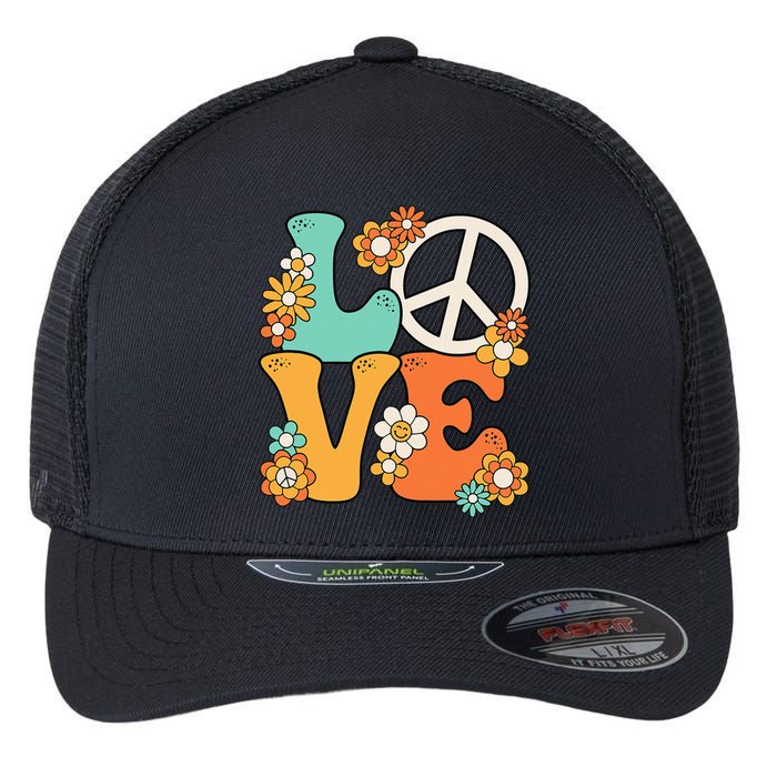 Peace Sign Love 60s 70s Groovy Hippie Theme Party Flexfit Unipanel Trucker Cap