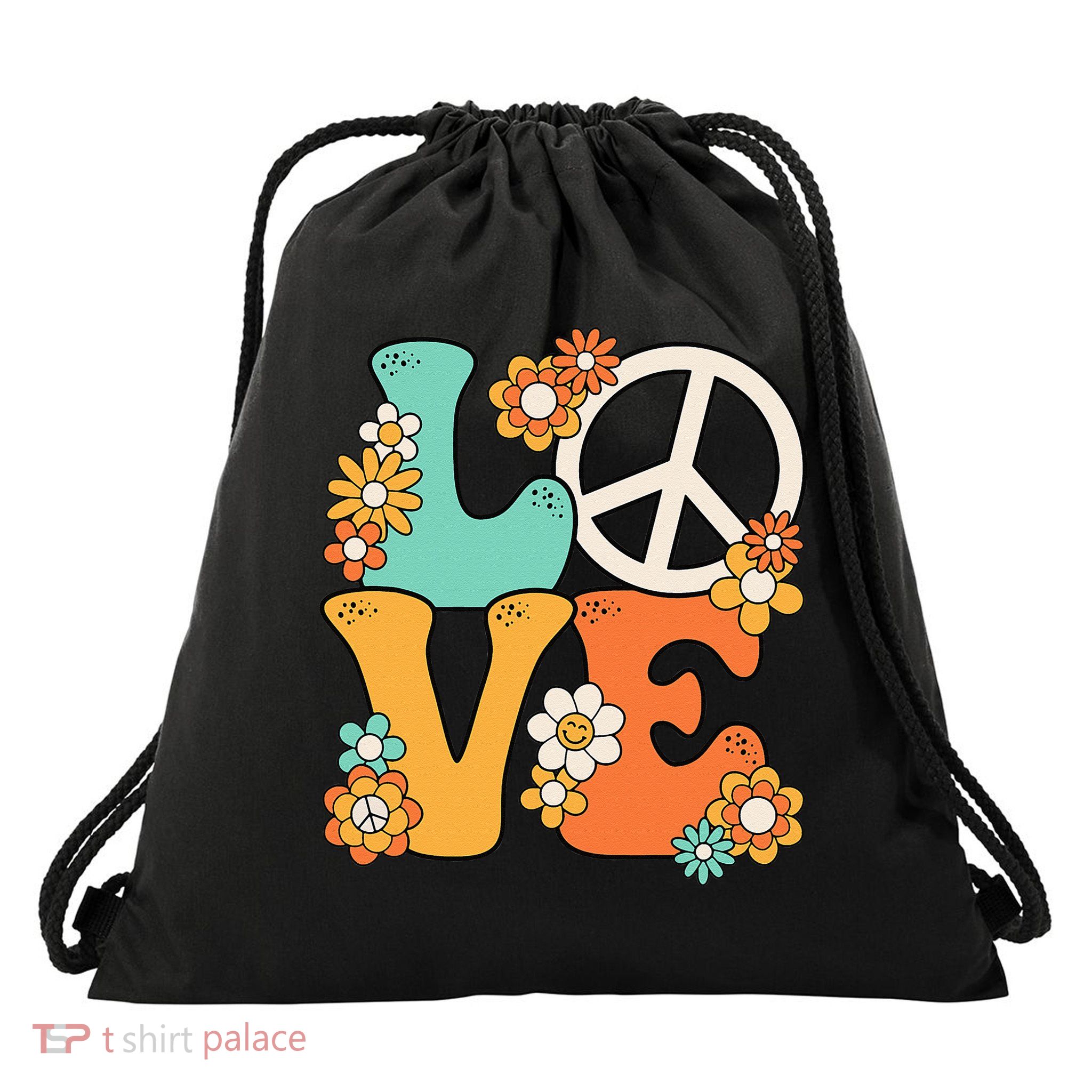 Peace Sign Love 60s 70s Groovy Hippie Theme Party Drawstring Bag