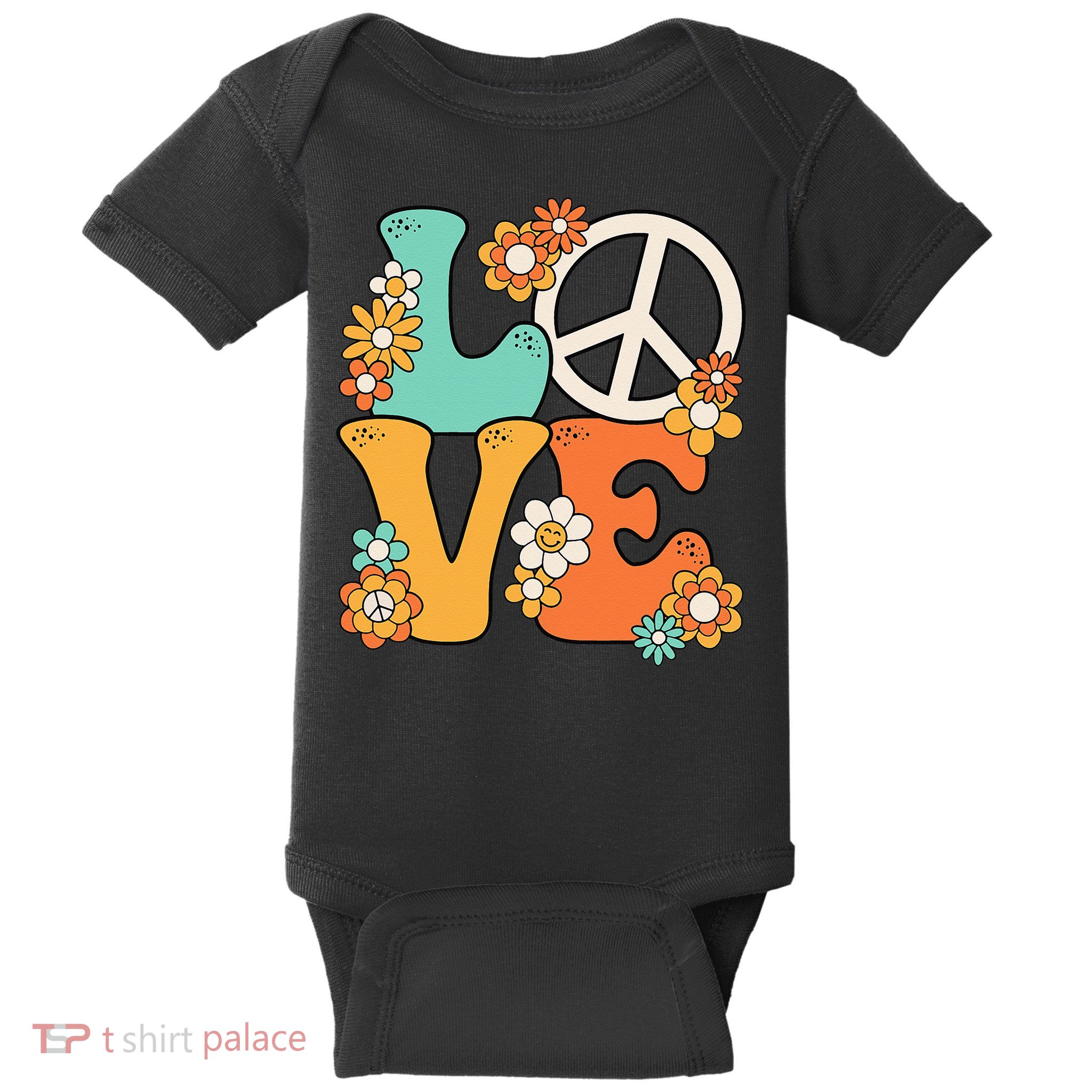 Peace Sign Love 60s 70s Groovy Hippie Theme Party Baby Bodysuit