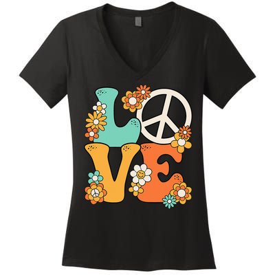 Peace Sign Love 60s 70s Groovy Hippie Theme Party Women's V-Neck T-Shirt