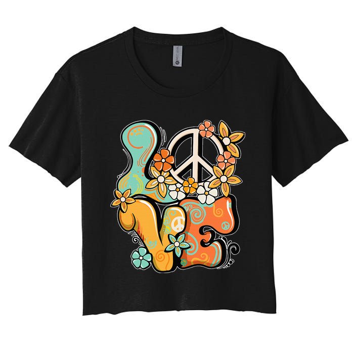 Peace Sign Love 60s 70s Costume Groovy Hippie Theme Party Women's Crop Top Tee