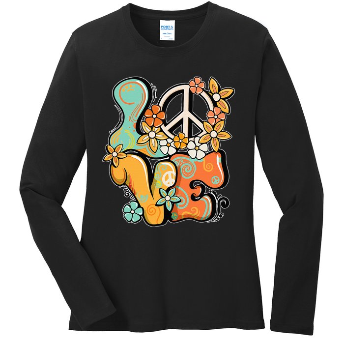 Peace Sign Love 60s 70s Costume Groovy Hippie Theme Party Ladies Long Sleeve Shirt