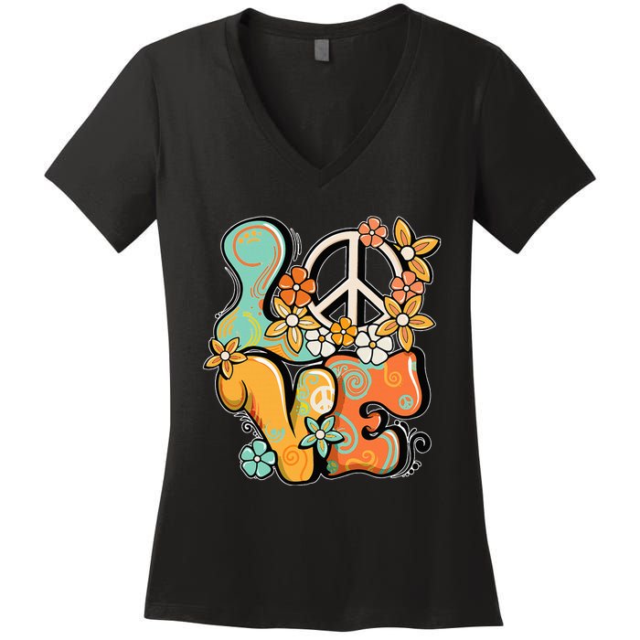 Peace Sign Love 60s 70s Costume Groovy Hippie Theme Party Women's V-Neck T-Shirt