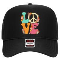 Peace Sign Love 60s 70s Costume Groovy Hippie Theme Party High Crown Mesh Back Trucker Hat