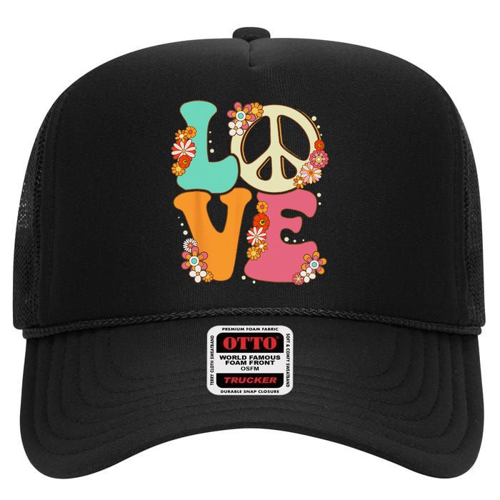 Peace Sign Love 60s 70s Costume Groovy Hippie Theme Party High Crown Mesh Back Trucker Hat