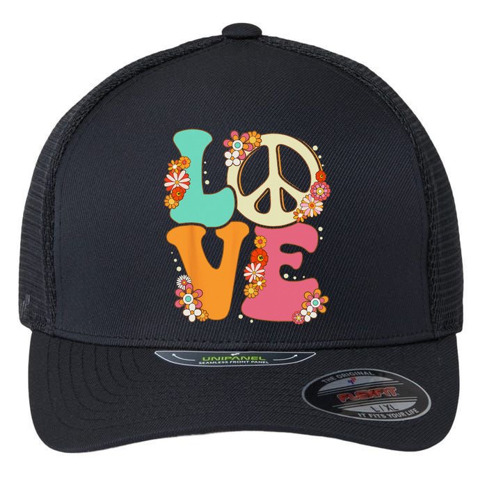 Peace Sign Love 60s 70s Costume Groovy Hippie Theme Party Flexfit Unipanel Trucker Cap