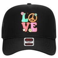 Peace Sign Love 60s 70s Costume Groovy Hippie Theme Party High Crown Mesh Back Trucker Hat