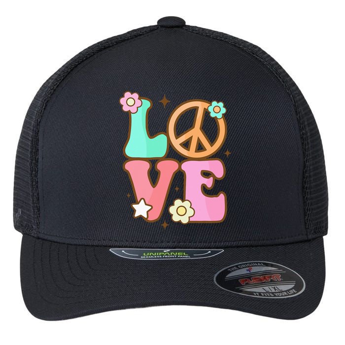 Peace Sign Love 60s 70s Costume Groovy Hippie Theme Party Flexfit Unipanel Trucker Cap