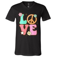 Peace Sign Love 60s 70s Costume Groovy Hippie Theme Party V-Neck T-Shirt