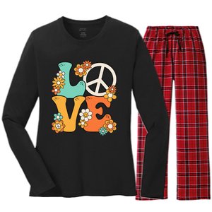 Peace Sign Love 60s 70s Groovy Hippie Theme Party Women's Long Sleeve Flannel Pajama Set 