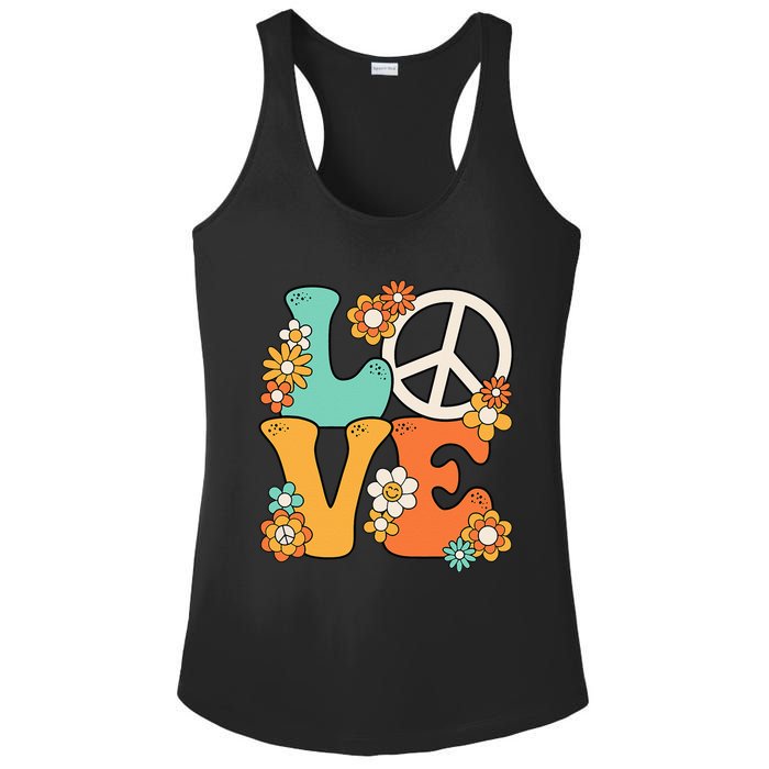 Peace Sign Love 60s 70s Groovy Hippie Theme Party Ladies PosiCharge Competitor Racerback Tank