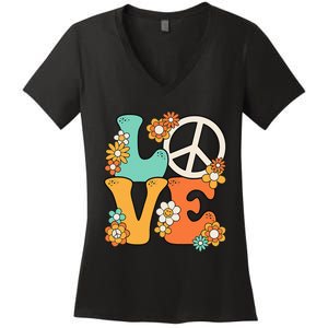 Peace Sign Love 60s 70s Groovy Hippie Theme Party Women's V-Neck T-Shirt