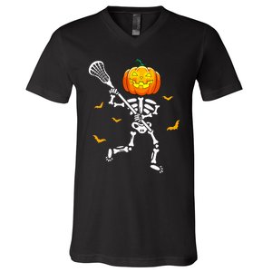 Pumpkin Skeleton Lacrosse Halloween V-Neck T-Shirt