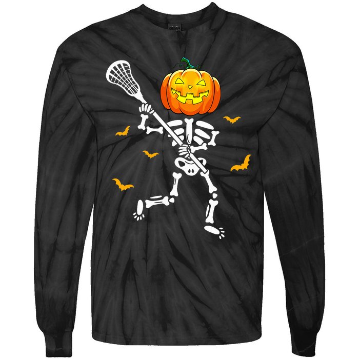 Pumpkin Skeleton Lacrosse Halloween Tie-Dye Long Sleeve Shirt