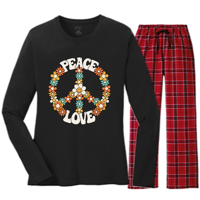 Peace Sign Love 60s 70s Groovy Hippie Theme Party Women's Long Sleeve Flannel Pajama Set 