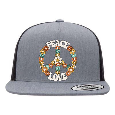 Peace Sign Love 60s 70s Groovy Hippie Theme Party Flat Bill Trucker Hat