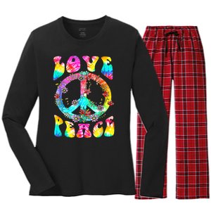 Peace Sign Love 60's 70's Tie Dye Hippie Costume Women's Long Sleeve Flannel Pajama Set 