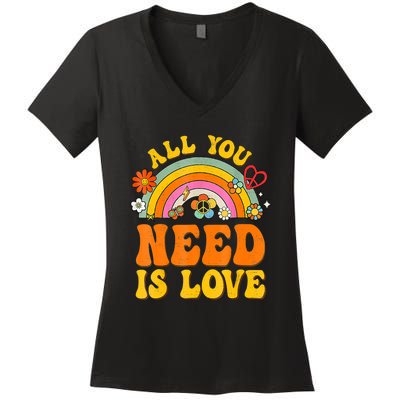 Peace Sign Love 60S 70 Hippie Groovy Vibes Halloween Costume Women's V-Neck T-Shirt