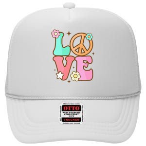 Peace Sign Love 60s 70s Costume Groovy Hippie Theme Party High Crown Mesh Back Trucker Hat