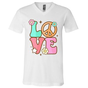 Peace Sign Love 60s 70s Costume Groovy Hippie Theme Party V-Neck T-Shirt