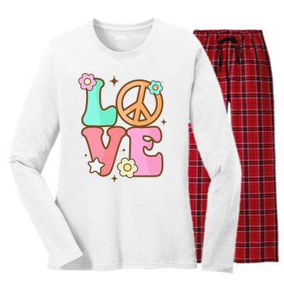 Peace Sign Love 60s 70s Costume Groovy Hippie Theme Party Women's Long Sleeve Flannel Pajama Set 