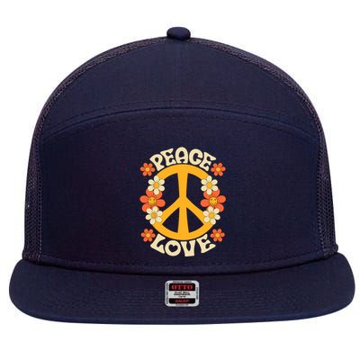 Peace Sign Love 60s 70s Costume 70 Theme Party Groovy Hippie 7 Panel Mesh Trucker Snapback Hat