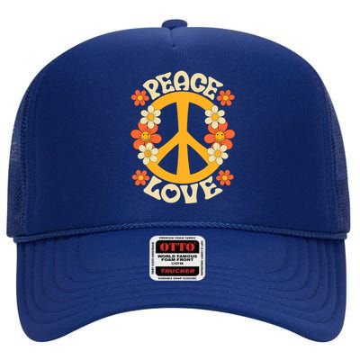 Peace Sign Love 60s 70s Costume 70 Theme Party Groovy Hippie High Crown Mesh Back Trucker Hat