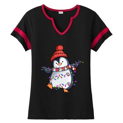 Penguin Santa Lights Christmas Pajamas Cute Penguins Xmas Ladies Halftime Notch Neck Tee