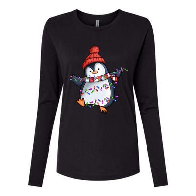 Penguin Santa Lights Christmas Pajamas Cute Penguins Xmas Womens Cotton Relaxed Long Sleeve T-Shirt