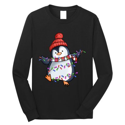 Penguin Santa Lights Christmas Pajamas Cute Penguins Xmas Long Sleeve Shirt