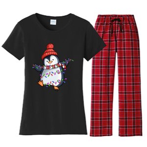 Penguin Santa Lights Christmas Pajamas Cute Penguins Xmas Women's Flannel Pajama Set