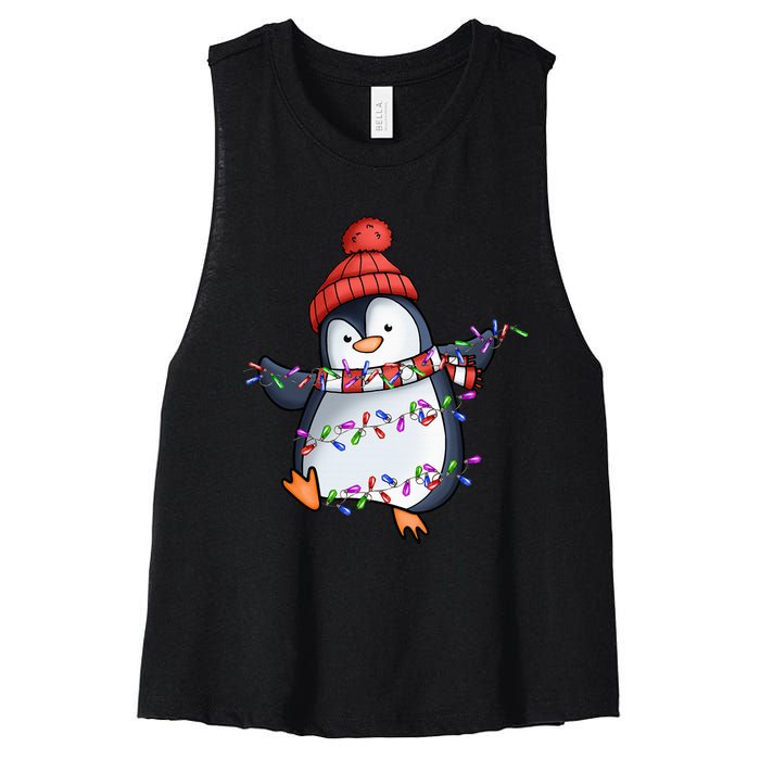 Penguin Santa Lights Christmas Pajamas Cute Penguins Xmas Women's Racerback Cropped Tank