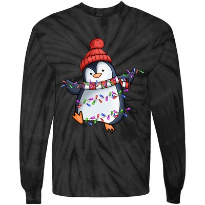 Penguin Santa Lights Christmas Pajamas Cute Penguins Xmas Tie-Dye Long Sleeve Shirt